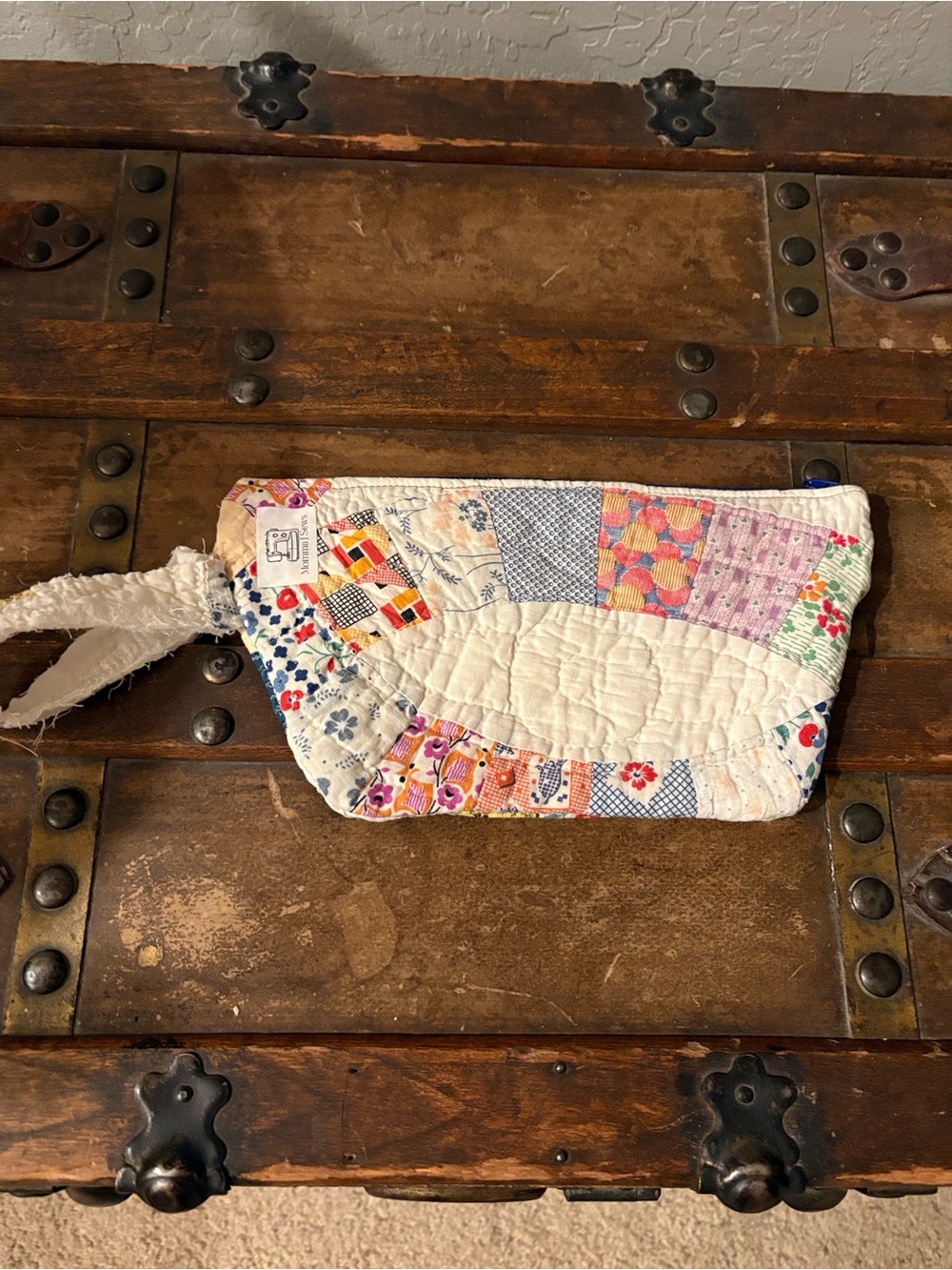 Vintage Patchwork Quilted Double Wedding Ring Wristlet Pouch - Multicolor